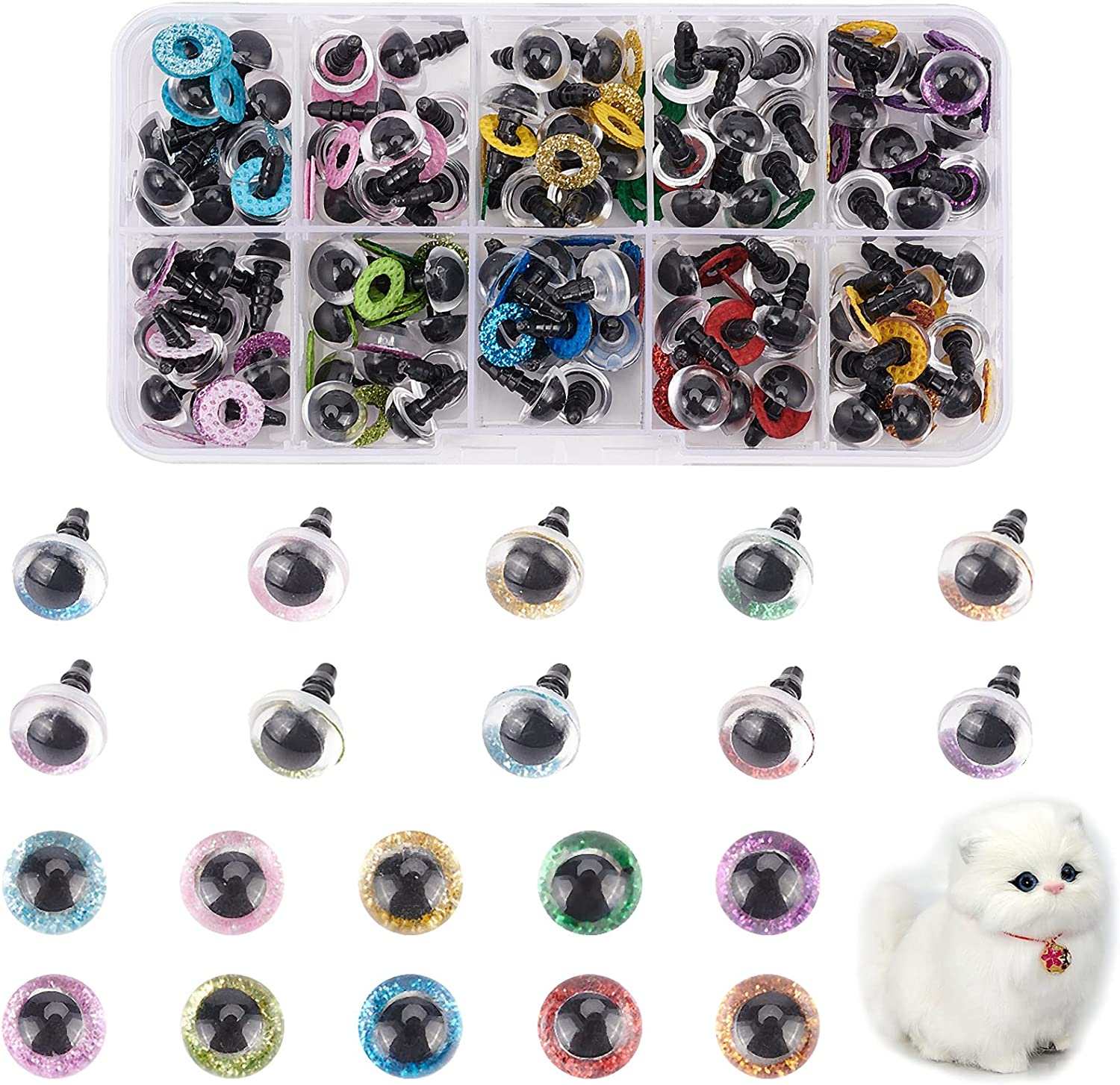 100Pcs Glitter Safety Eyes Glitter, 10mm Round Eyes Amigurumi Craft Eyes  with Washers for Teddy Bear 